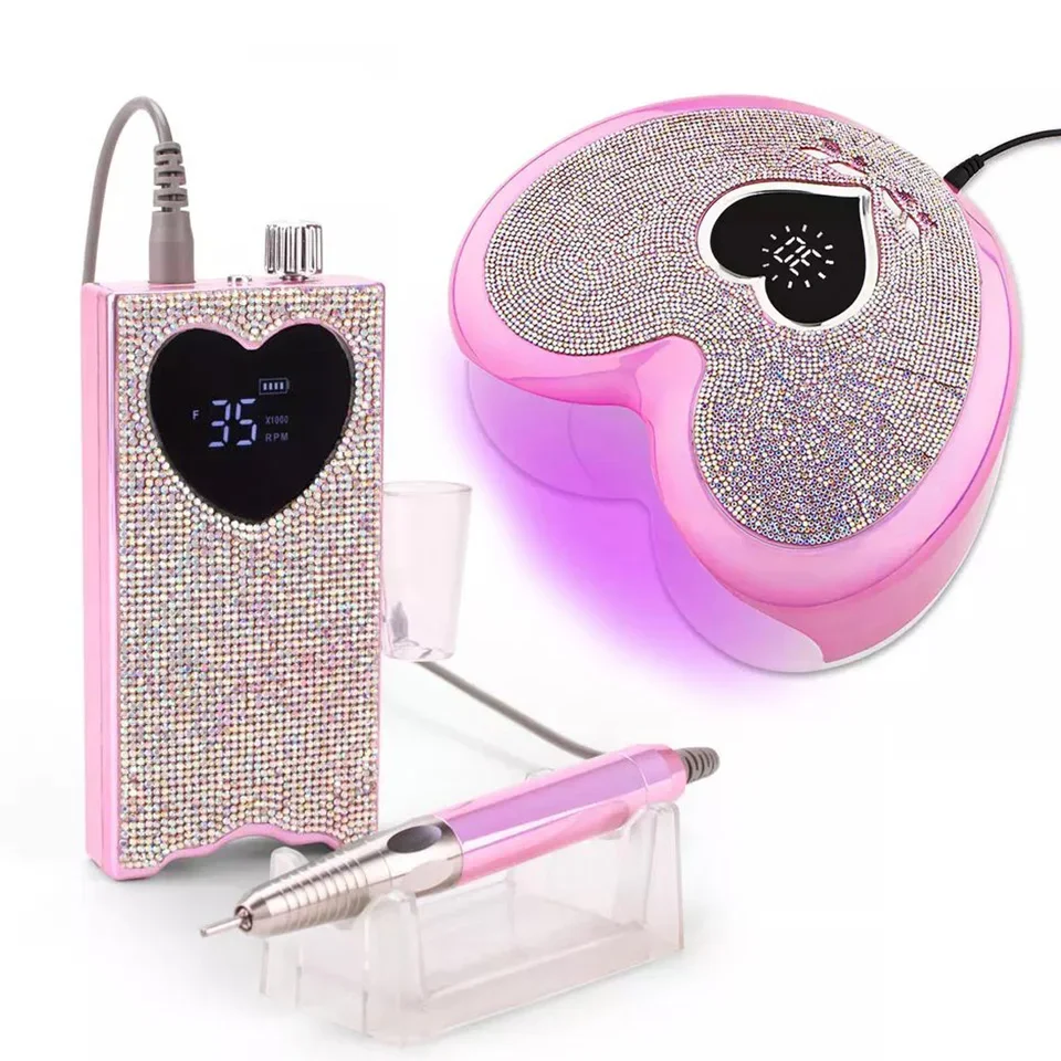 Hot Sale LED Professional Salon Pink Heart Shape UV Nail Lamp Electric Nail Drill 35000 Rpm File Polish Machine Kit Set