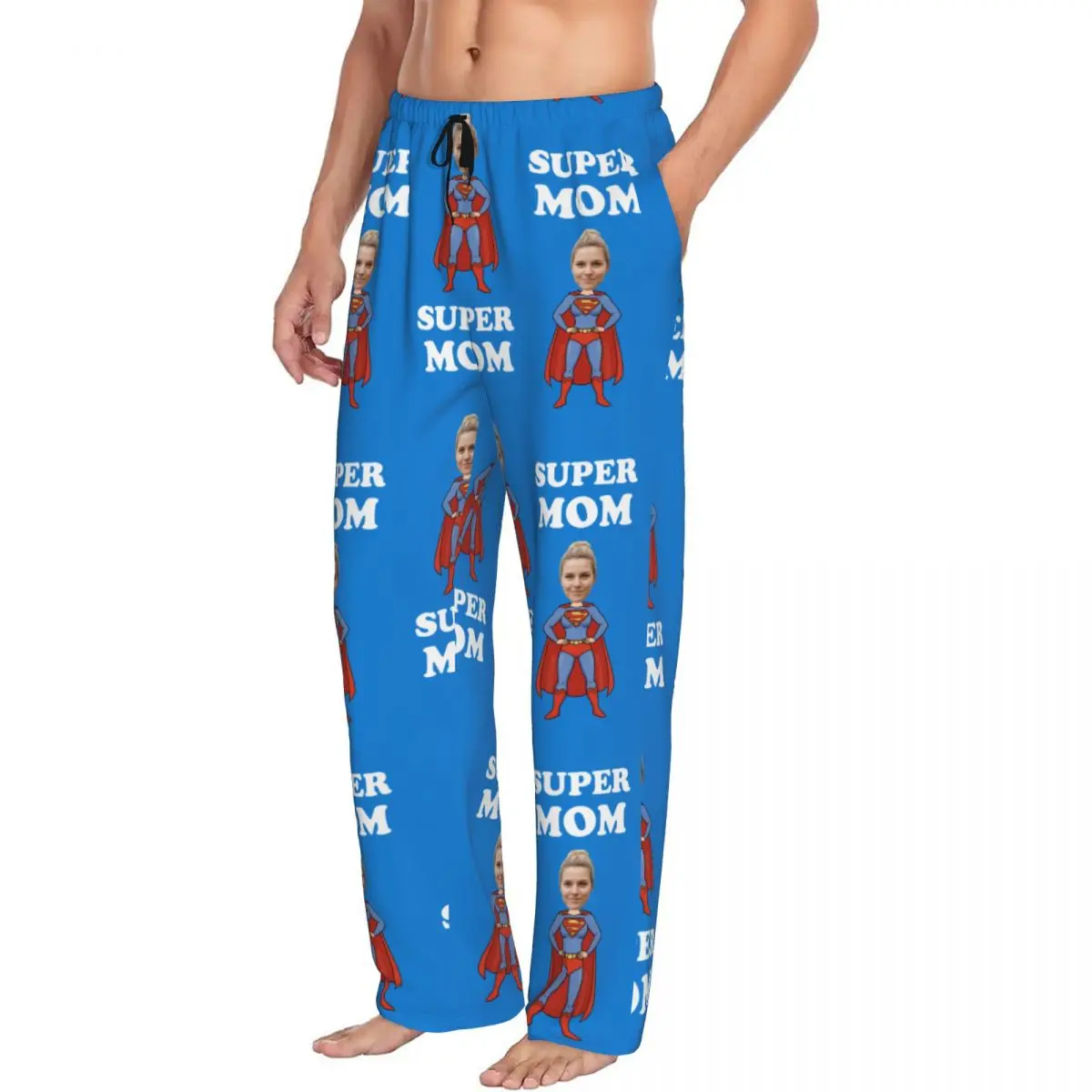 Personalized Custom Super Mom Pajama Pants for Men Diy Print Your Photo Sleep Sleepwear Bottoms with Pockets
