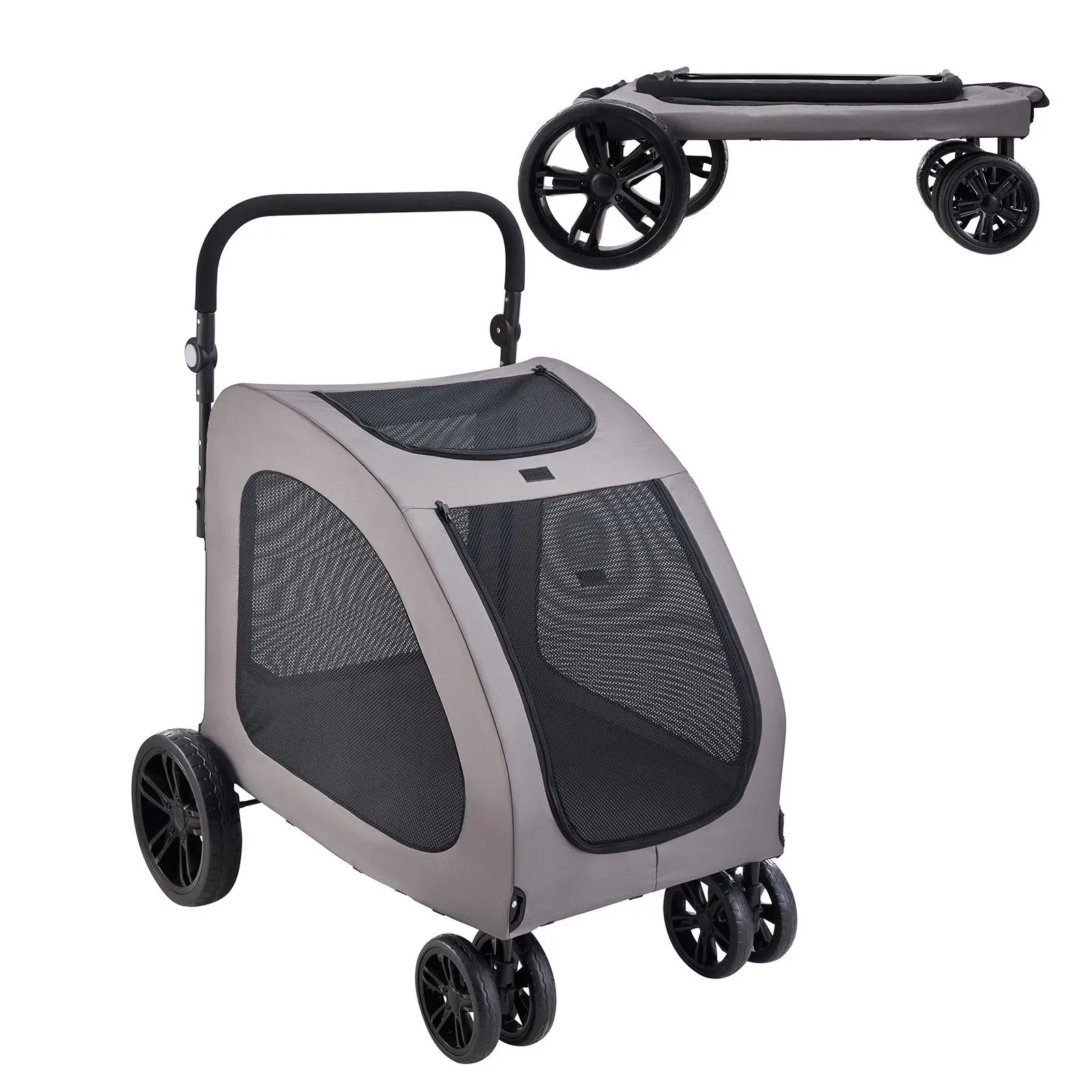 Pet Stroller, 4 Wheels Dog Stroller with Brakes, 160lbs Weight Capacity, Portable Puppy Stroller Carrier with Breathable Mesh Windows & Height-Adjustable Height, Animal Stroller for Cats & Dogs