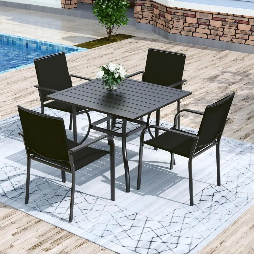 

Black Stackable Outdoor Patio Dining Set with Square Metal Table and Umbrella Hole