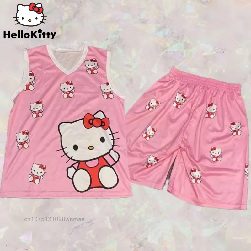 Pink Cartoon Print Shorts Sets for Men and Women, Loose Sleeveless Tank Tops, Casual Clothing, Fashion, Hello Kitty, Y2k,