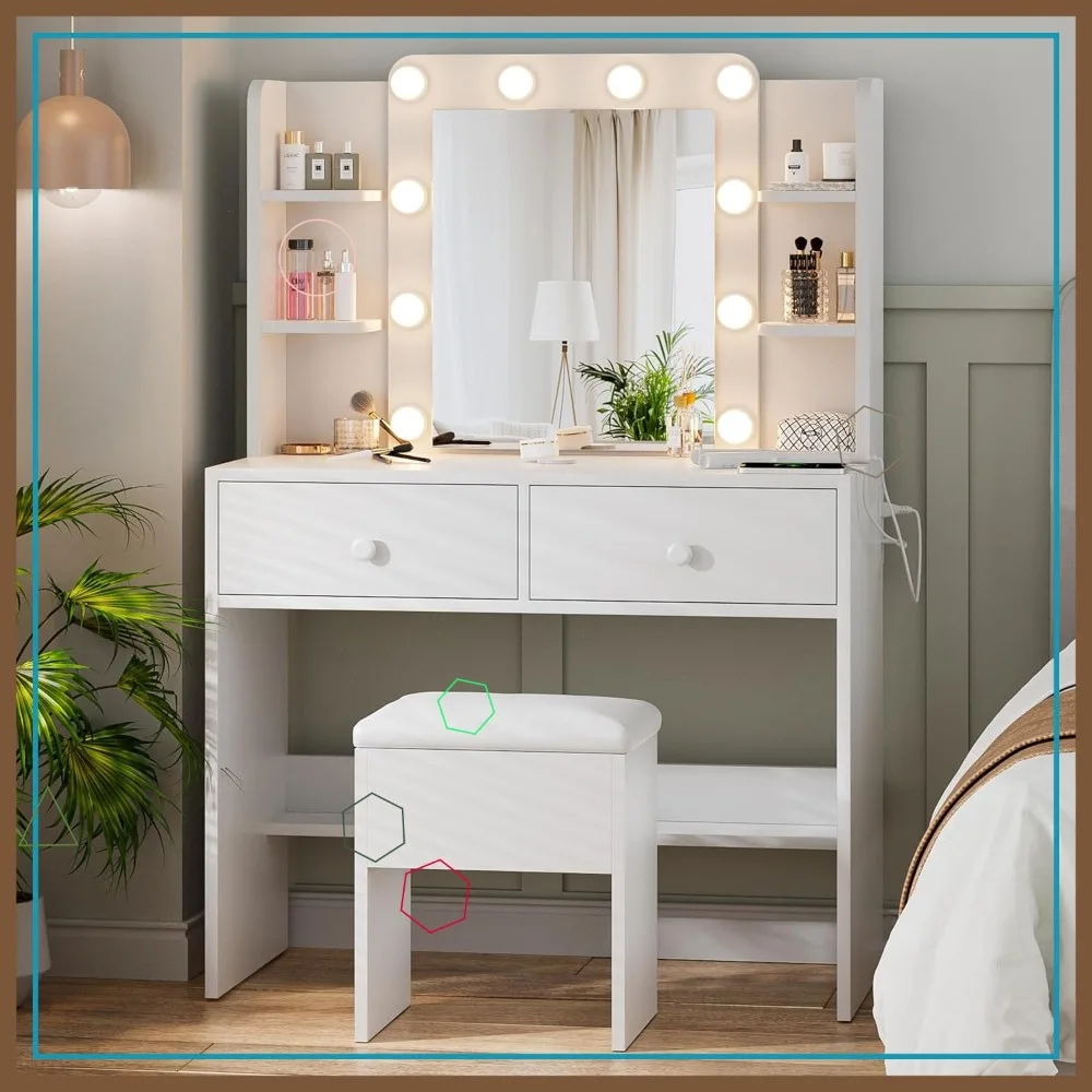

LED Vanity Desk with Mirror & Lights, 10 Bulbs 3 Color Modes, Power Outlets, Storage Drawers & Chair for Bedroom