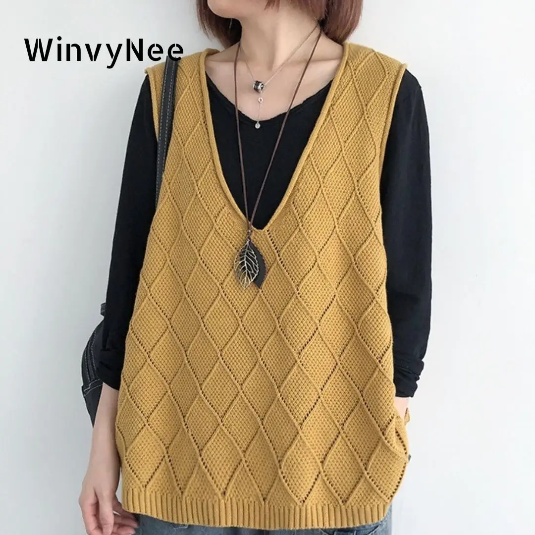 WinvyNee 2024 New Trend Women\'s Clothing Knitted Cotton Vest Loose V Neck Casual Outerwears Top Casual Sweaters Autumn C1002011B