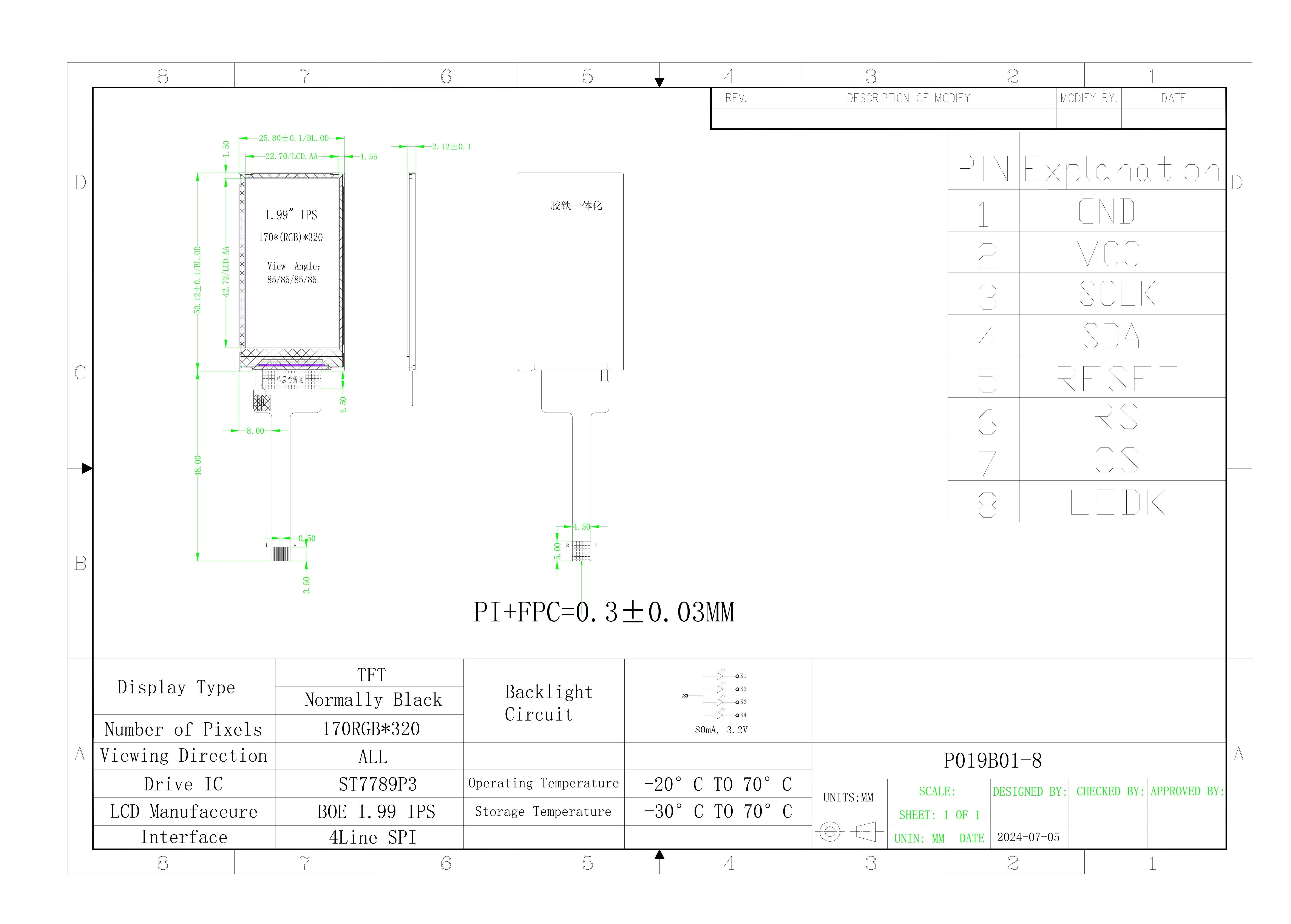 1.9 inch TFT LCD display 8Pin 4W-SPI mode ST7789P3-G6 driver screen high brightness 170*320