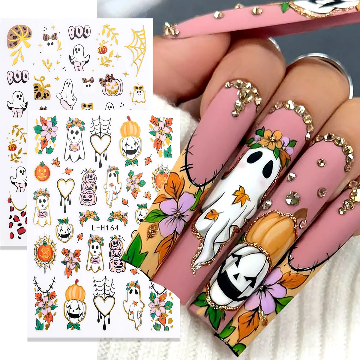 Halloween-Nagelkunst-Aufkleber, niedliche Nagelaufkleber mit Geister-, Kürbis- und Spinnennetz-Motiv, Goldfolie, Boo-Leopardenmuster, florale DIY-Maniküre-Dekoration