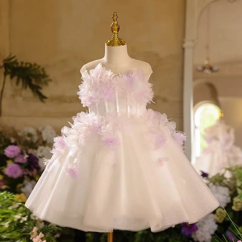 Elegant Girl Ball Gown Dress Floral Tulle Princess Dresses Teen Girl Wedding Gown Floor Length Kids Evening Party Formal Wear
