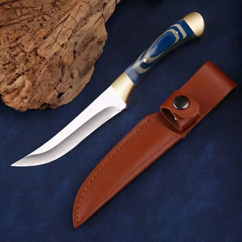 7.6-inch pocket knife with stainless steel blade and colorful wood handle with sheath, perfect for family camping barbecue