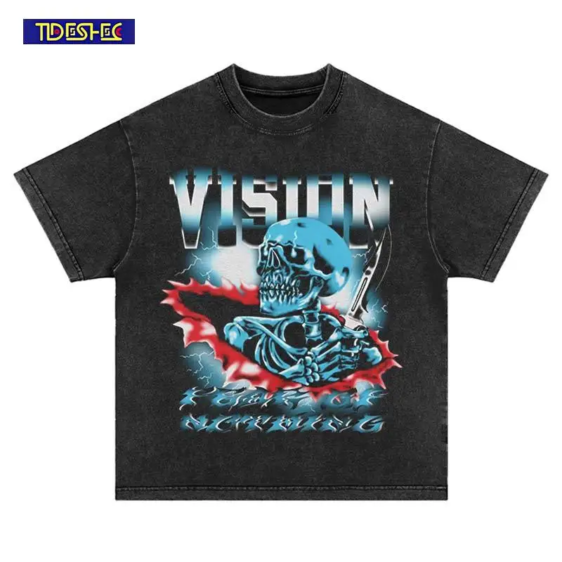 

2025 Harajuku Punk Skull Letters Print T-Shirt Summer Streetwear Vintage Hip Hop Washed Oversized Fashion Leisure Cotton Tshirt
