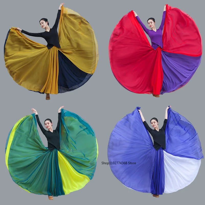 Gonna da ballo classica da donna Elegante doppia chiffon Flamenco Performance moderna Gonna altalena da palcoscenico Avvolgente Gonna eterea da 720 gradi