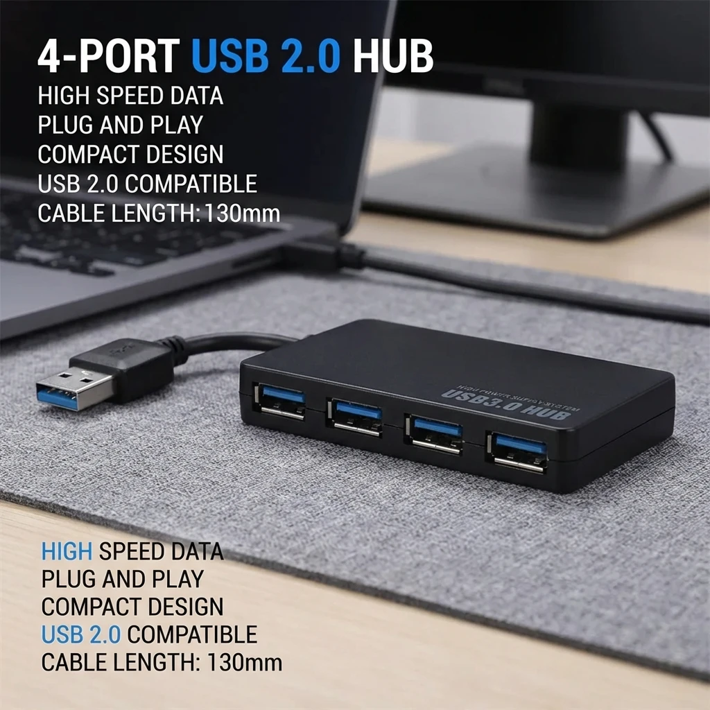 High-Speed USB 2.0 Hub 4-Port Data Cable Splitter Adapter Multi-System Plug And Play Expander for Enhanced Connectivity