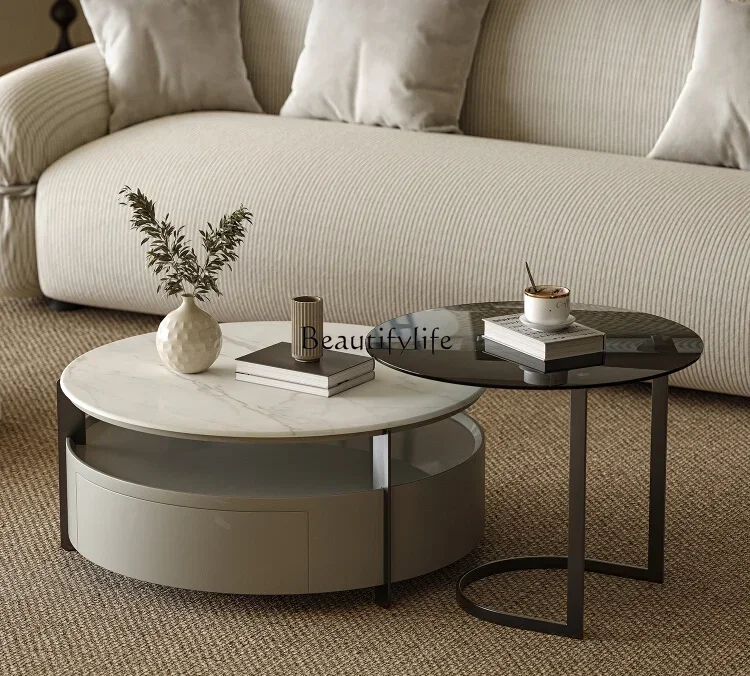 

Italian light luxury rock slab coffee table combination tempered glass minimalist high-end stainless steel