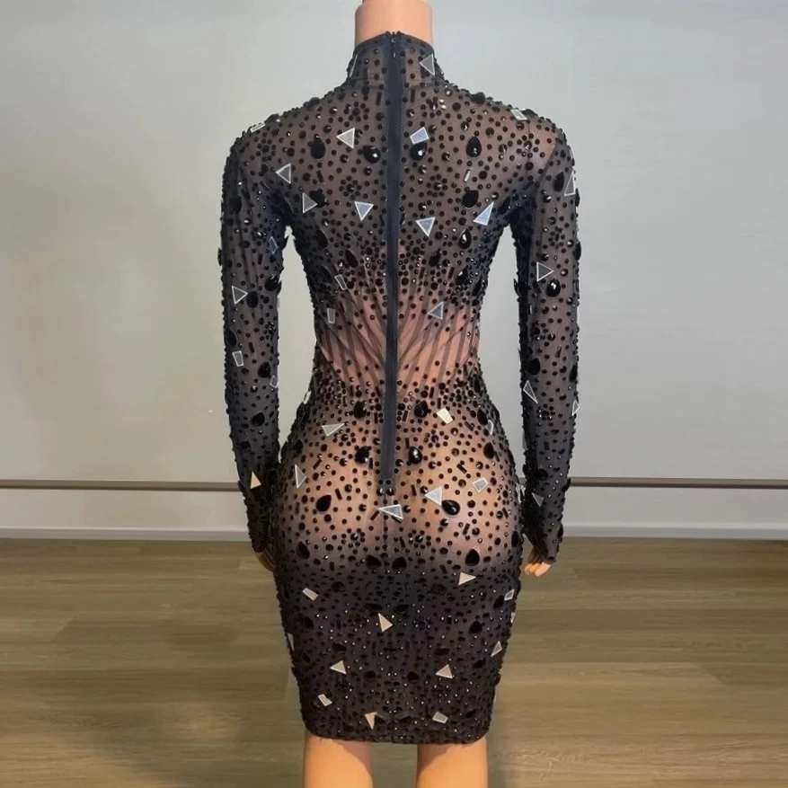 New Arrivals Black Rhinestones Mirror Surface Sequined Sexy See-Through Long Sleeve Bodycon Dress Evening Birthday Party Dress