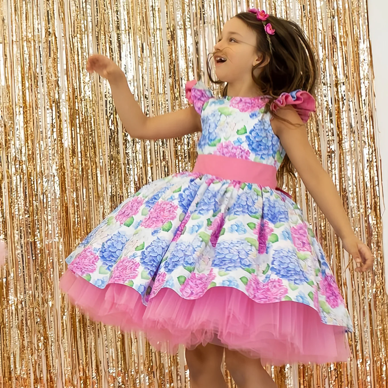 New Girls Dress With Headdress Bow Print Small Fly Sleeve Holiday Wedding Christmas Girls Princess Dress