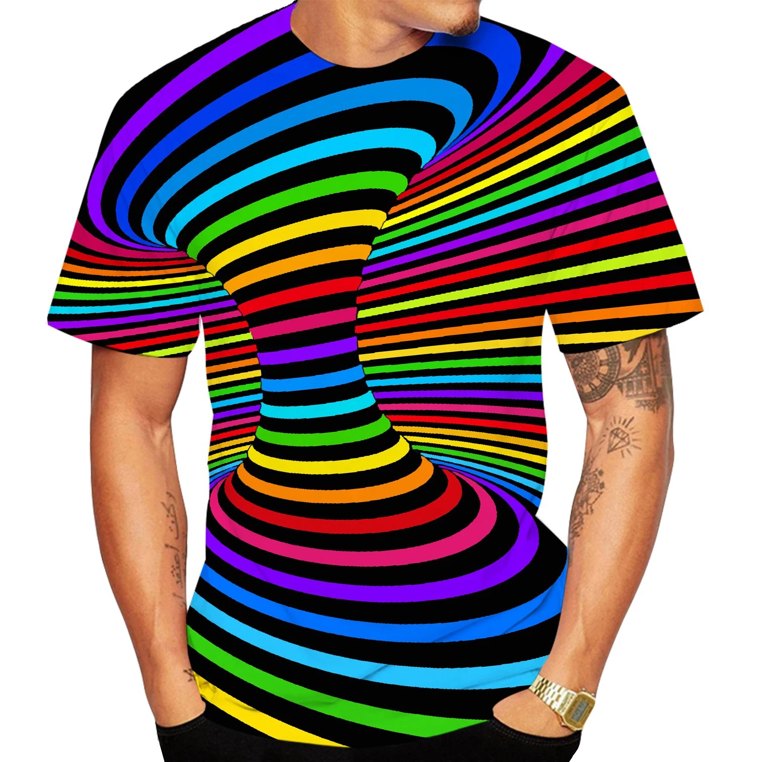 Newest Fashion Men/women Rainbow 3D Printing T Shirt Vertigo Hypnotic Vortex Funny Short Sleeved Tee