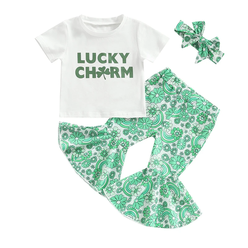 Girls St Patricks Day Outfit 3Pcs Clothes Set White Round Neck Short Sleeve Letter Print Tops + Green Flared Pants + Headband