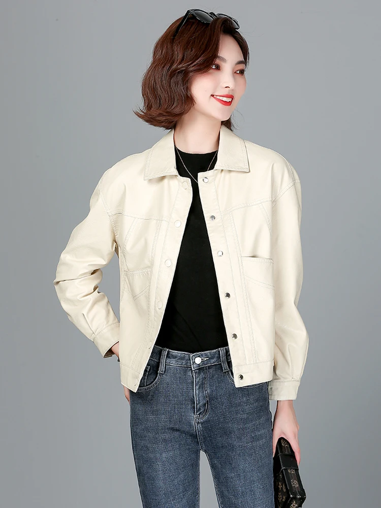   Giacca in Vera Pelle Ning per Donna, Nuova Collezione Primavera-Autunno 2025, Cappotto Casual in Pelle di Pecora, Abbigliamento Esterno Femminile