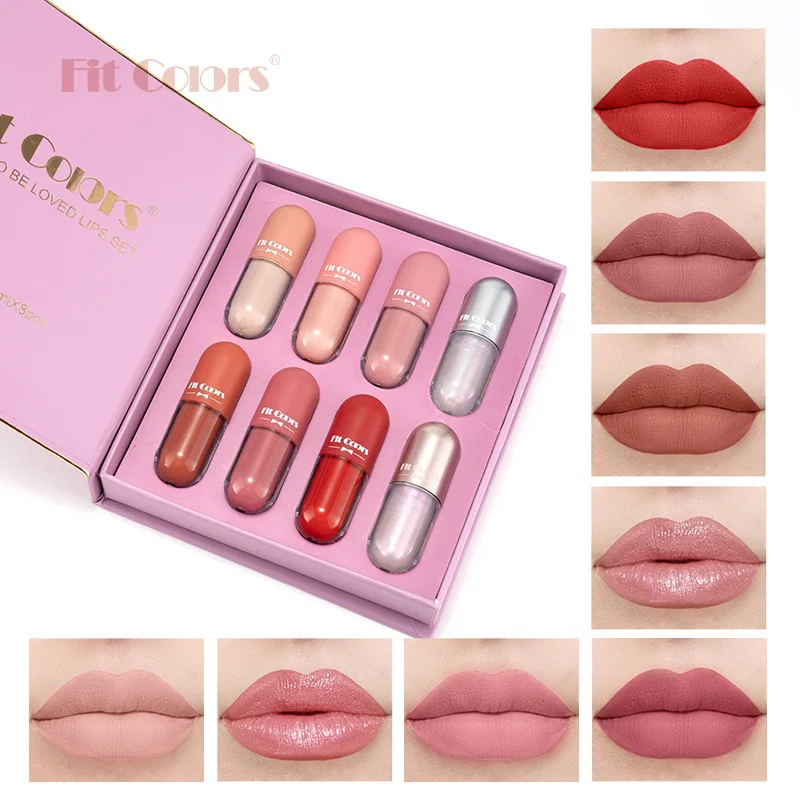 Fit Colors 8pcs Lip Gloss book Gift Set Mist Face Velvet Easy to paint Non-stick cup long-lasting liquid lipstick set