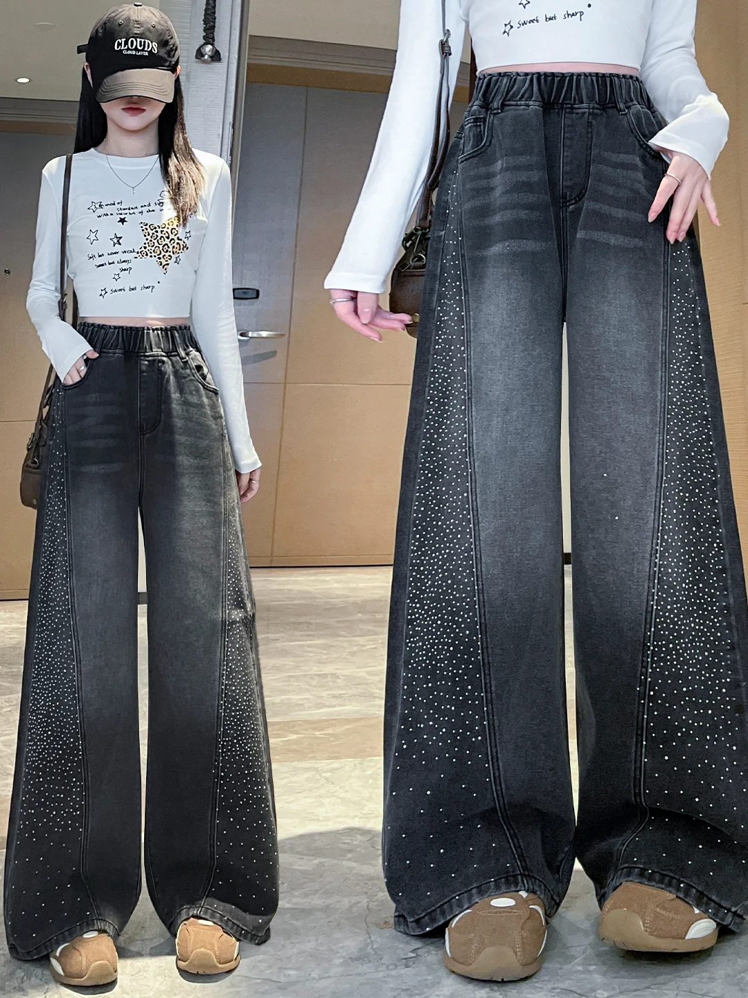 Authentic High Waist Wide Leg Jeans Loose Fit Glittering Diamond Casual Pants for Women Straight Cut Floor-Length Slimming