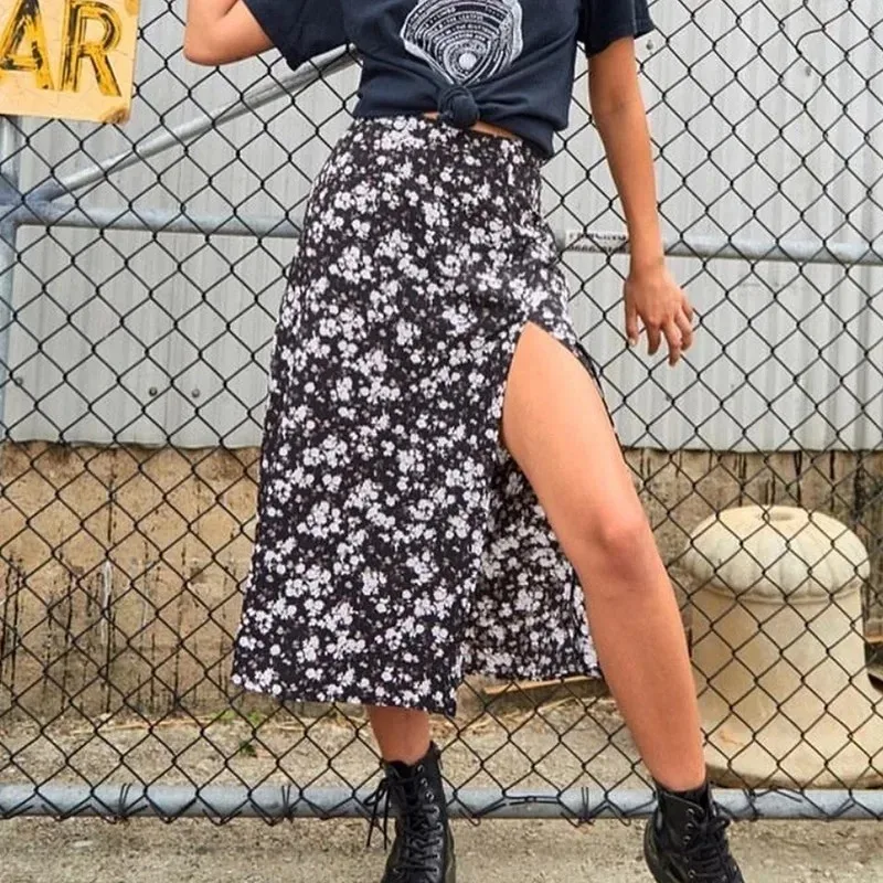 Damen-Rock mit hoher Taille, Leopardenmuster, Blumenmuster, gepunktet, hoch tailliert, dehnbar, geteilt, langer A-Linien-Rock für die Frühlings- und