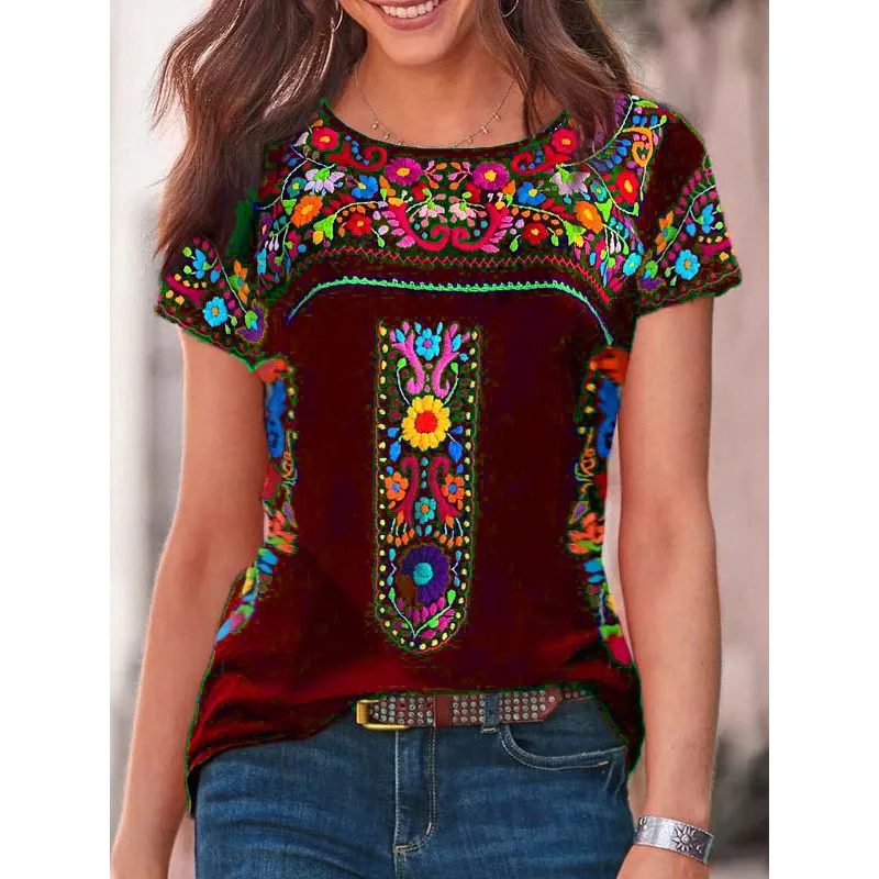 Camiseta de manga corta con cuello redondo y estampado bohemio para mujer, camiseta de comercio exterior de verano, estación independiente, top para mujer