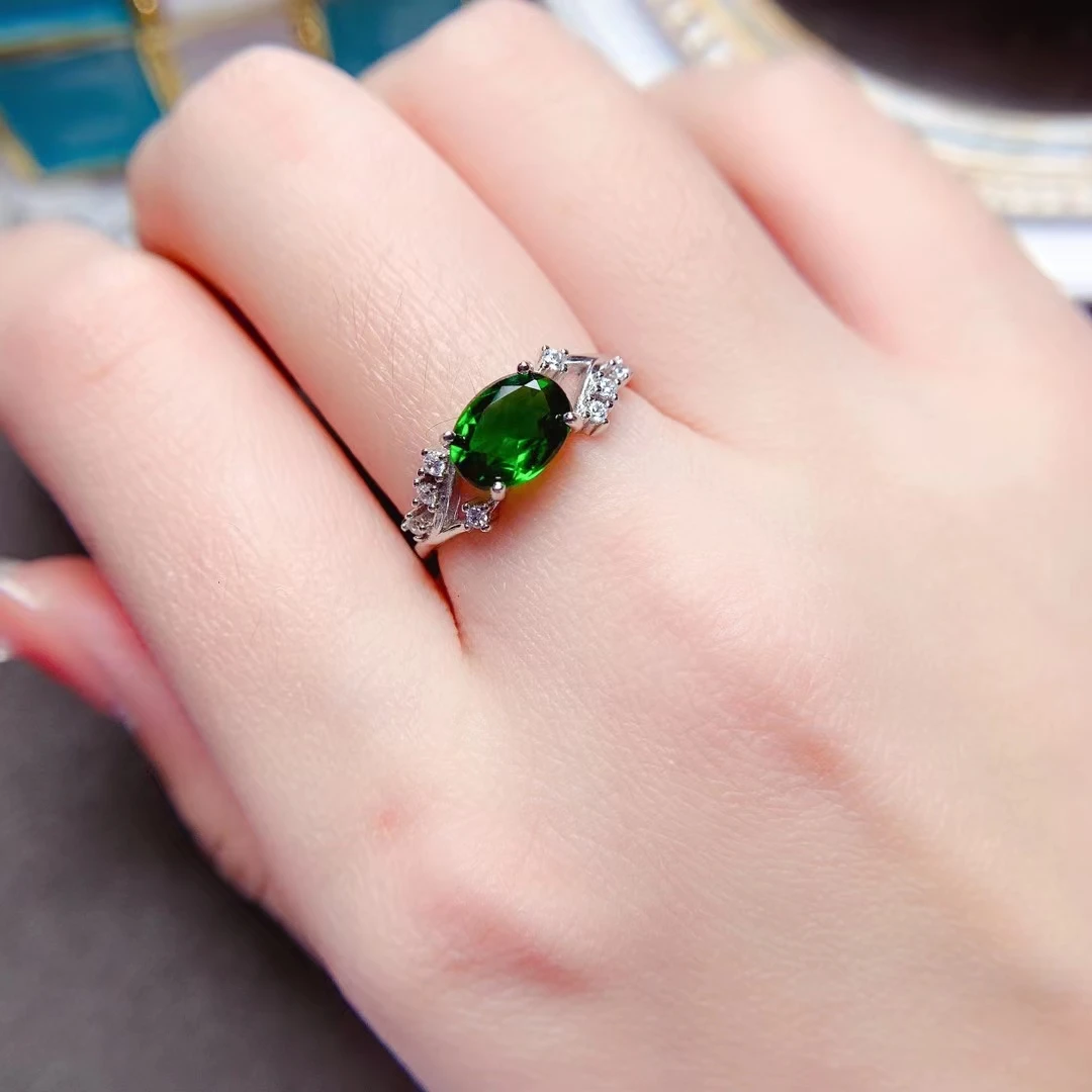 100% Natural Chrome Diopside Ring 6mm*8mm 1ct Diopside Silver Ring Solid 925 Silver Diopside Jewelry