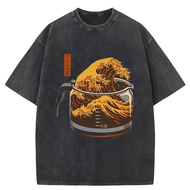 SOVOB T Shirt Men Short Sleeve T-shirts New in Top&Tee clothes  Casual mens Clothes The Great Wave of Coffee Cartoon T-shirt