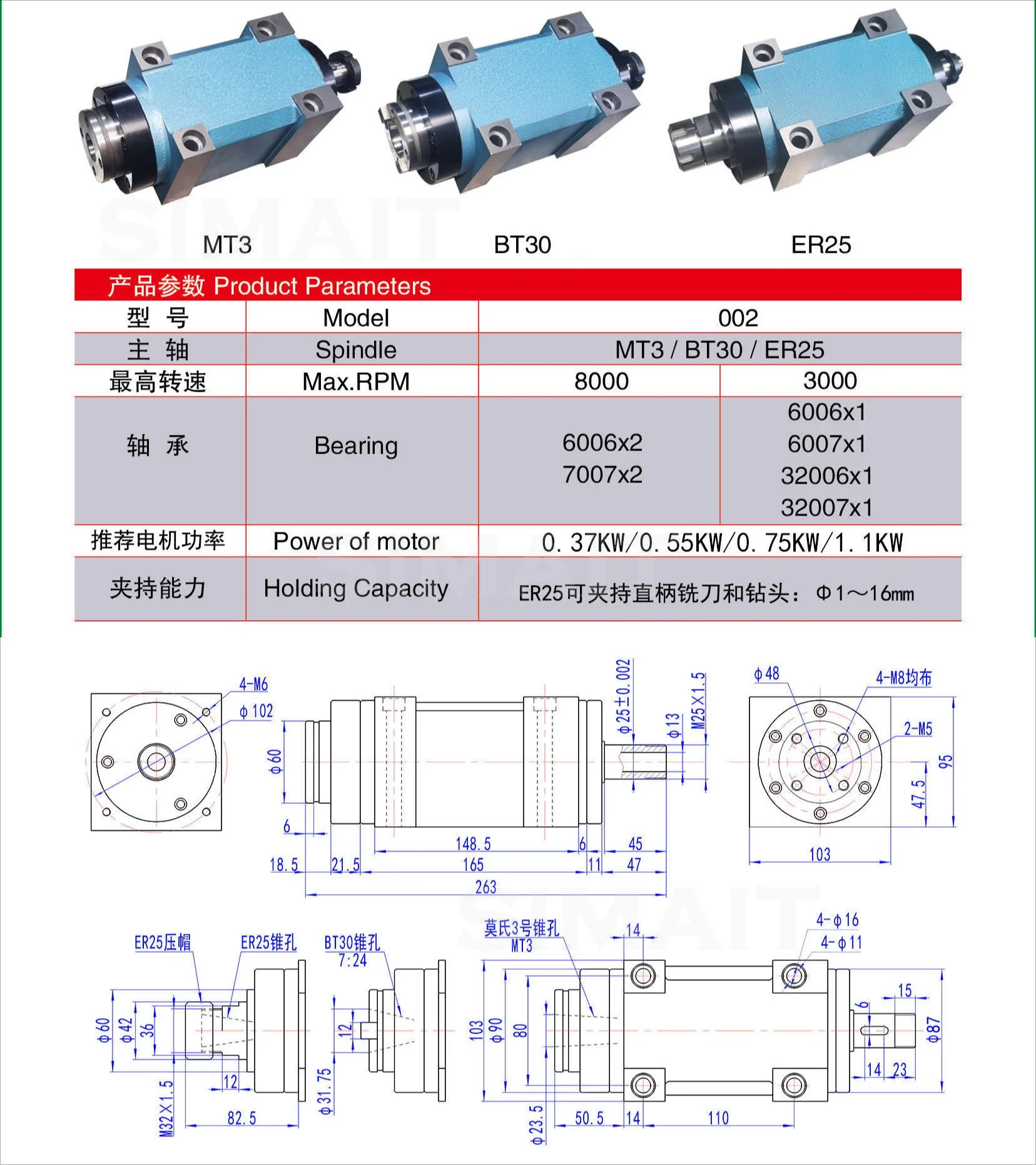 1.5KW BT30 ER25 Spindle Power Head 3000-6000rpm | CNC Milling Drilling Tapping Unit for Machine Tool