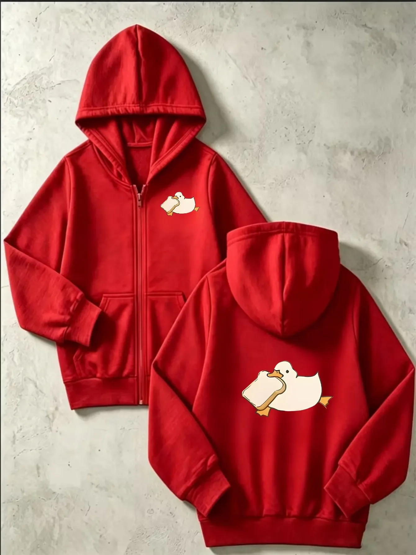 Kids Zip Up Hooded Jacket Cute Cartoon Duck Holding Toast Graphic Long Sleeve Casual Hoodie For Boys Girls Daily Street Outfit