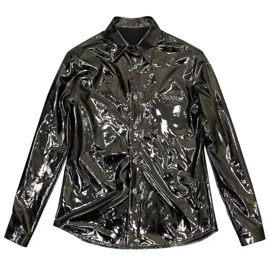 معكوسة عاكسة الرجال بولي Leather قميص من الجلد معطف تمتد الذكور موضة عادية سليم قمصان ملهى ليلي زي حجم كبير بلايز Hombre