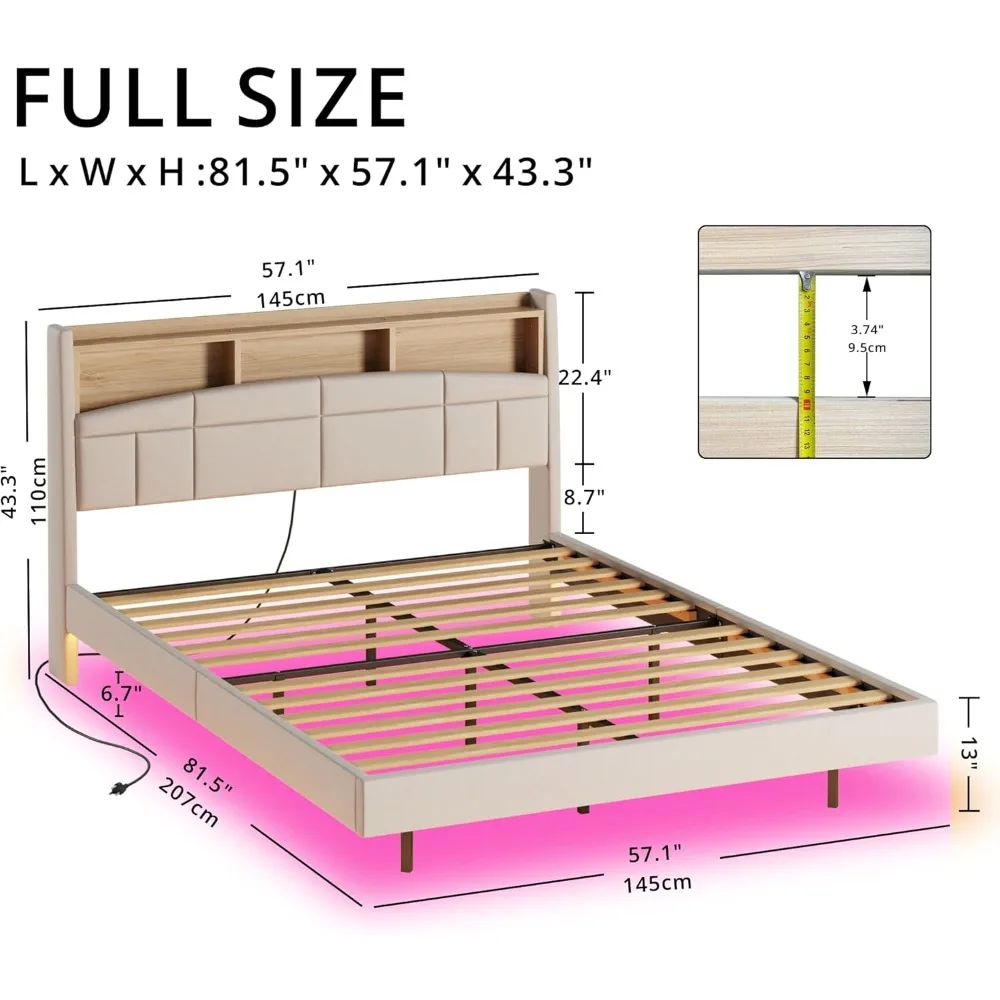 Full Size Floating Bed Frame, Tall Bookcase Headboard with Charging Station, Solid Wood Slats Support, No Box Spring Needed