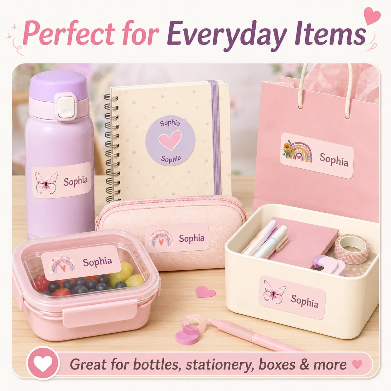 140PCS Adesivos Personalizados com Nome, Etiquetas Autoadesivas Personalizadas, 4 Designs Fofos para Garrafas e Caixas de Armazenamento de Material Escolar
