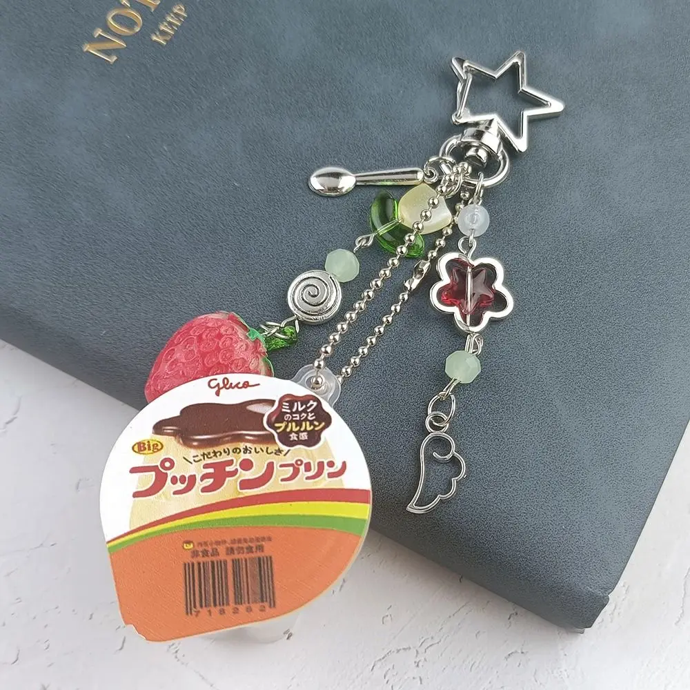 Heisei Retro Japanese Pudding Keychain Strawberry Tulip Colorful Beads Y2K Pendant Beaded Pink Yellow Bag Decoration