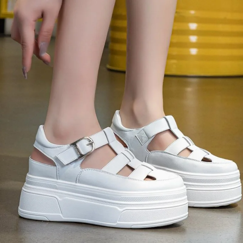 8.5cm Hollow Full Cow Genuine Leather Women Summer Shoes Platform Sneakers Wedge Hidden Heel Women Summer Sandals Platform 34-39 view 5