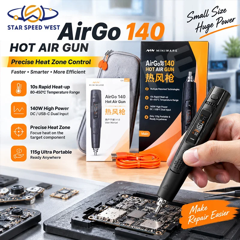 MINIWARE AirGo 140 Pen Style Hot Air Gun 140W Portable SMT Rework Station Type-C Fast Heating for Phone Electronics Repair Tool