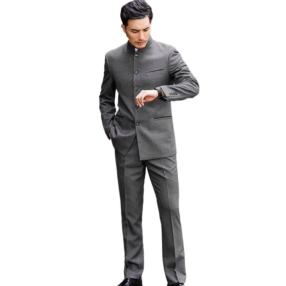 Dark Grey Single Breasted Tailor Luxury Men Suits Single Breasted Stand Lapel Casual 2 Piece Jacket Pants Sets Wedding Outfits