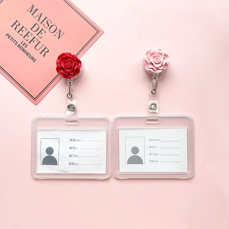 1 Pcs Quality Resin Stereoscopic Rose Retractable Nursee Badge Elegant Flowers Name Tag ID Card Holder with Clip Keys Lanyard