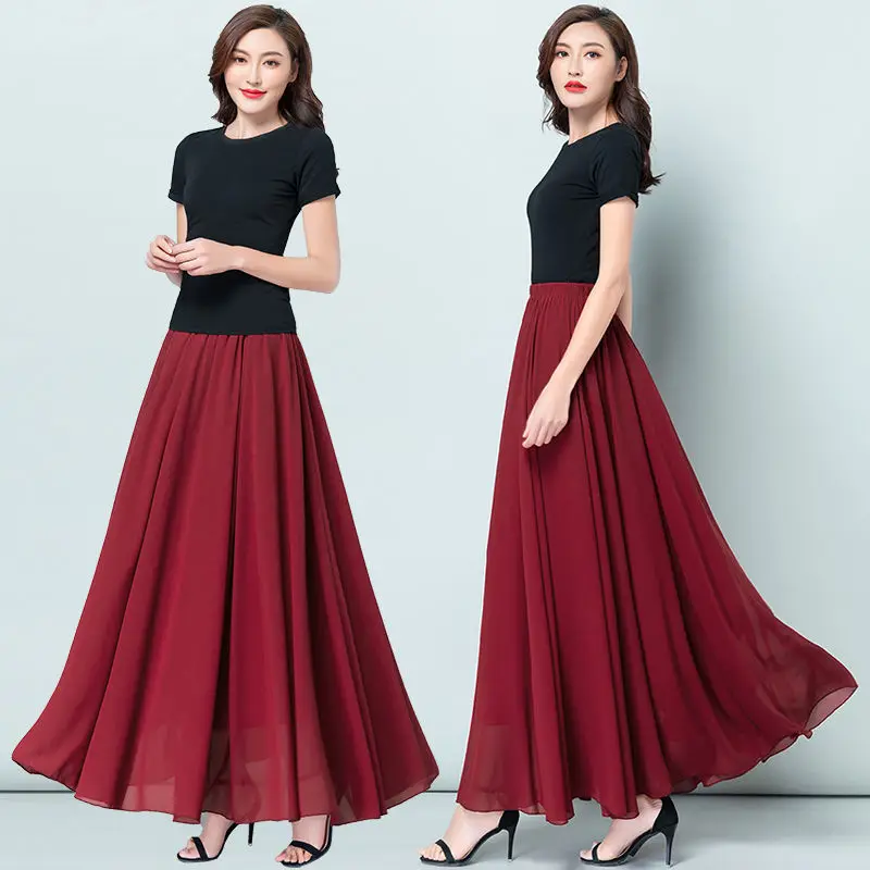 HongBiTu Women Sexy beautiful stretch High Waist Pure color  Chiffon Skirt Dance long skirt YF0045