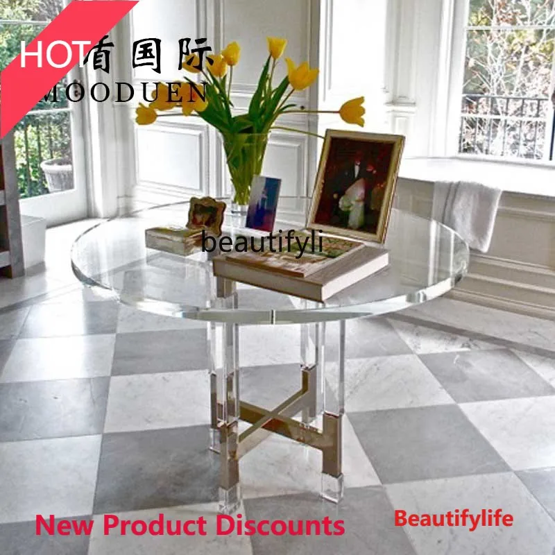 

007 Transparent acrylic dining table Round dining table Household stainless steel base Dining table