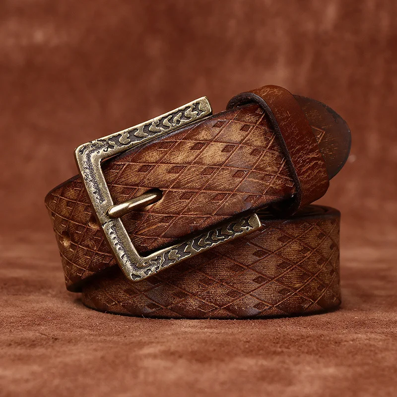 3.8CM Genuine Leather Belt for Men High Quality Copper Buckle Jeans Cowskin Casual Belts Cowboy Waistband Male Fashion Retro