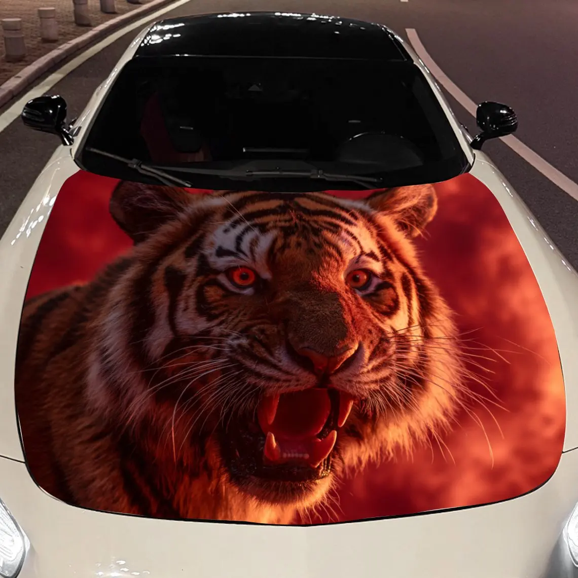 Car Decals Tigers with Bold Stripes, Fierce Roaring Expression, and a Fiery Red - Themed Backdrop Car Hood Sticker, Waterproof S