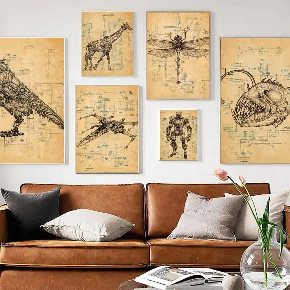 Retro Animal Mechanical Diagram Anatomy Piranha Butterfly Spider Retro Print Poster Paper Sticker Home Living Room Wall Decor