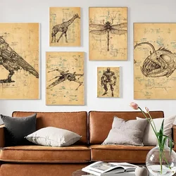 Retro Animal Mechanical Diagram Anatomy Piranha Butterfly Spider Retro Print Poster Paper Sticker Home Living Room Wall Decor
