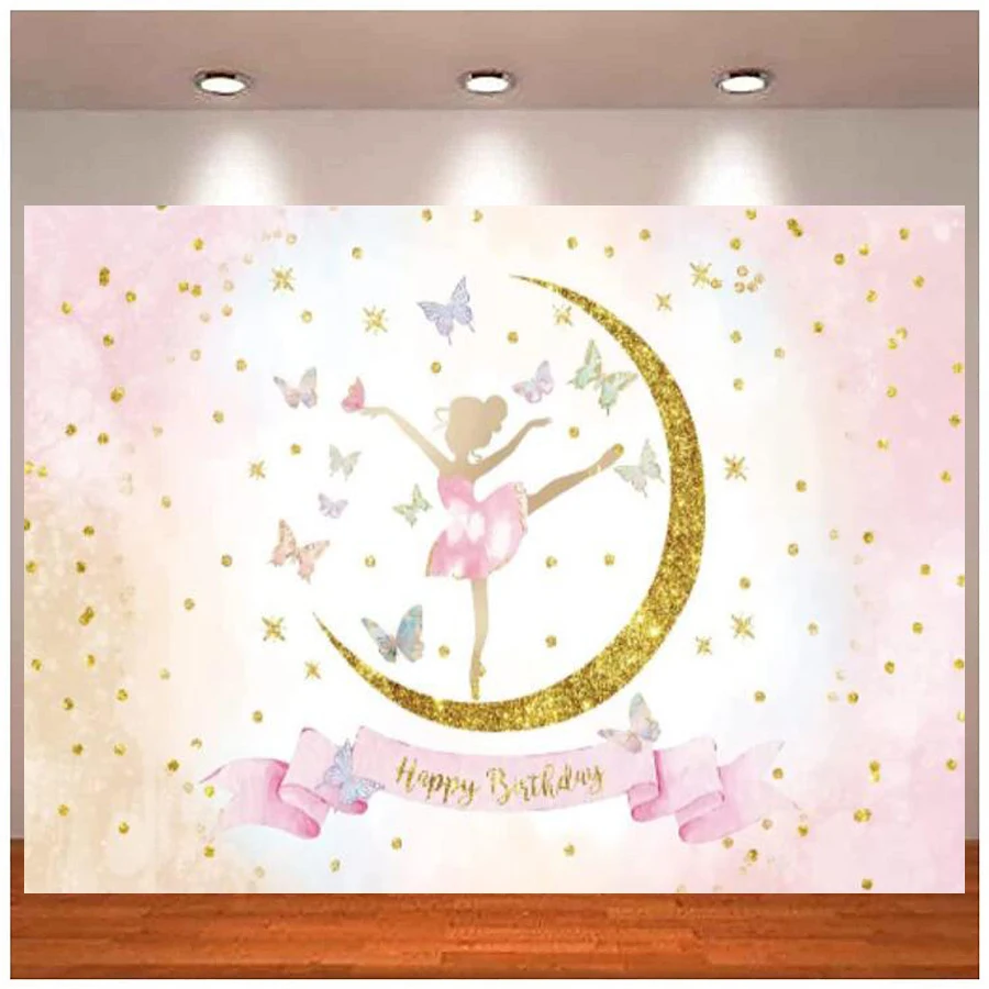 Ballerina Happy Birthday Backdrop Butterfly Glitter Star Spot Gold Moon Dancer Wear Tutu Dress Dancing Princess Background