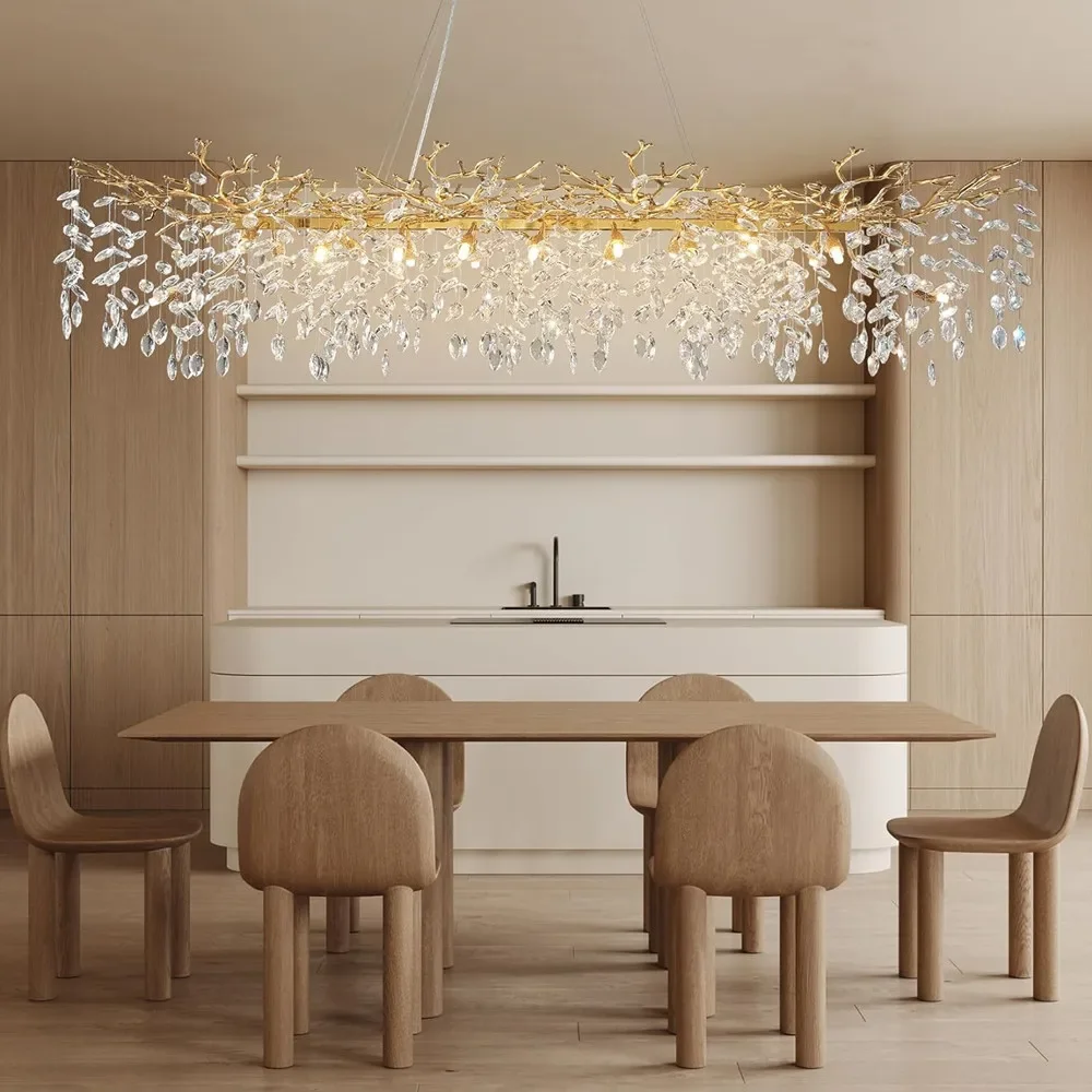 Italian Crystal Chandelier Lighting For Dining Room Rectangular Chandeliers Luxury Golden Tree Branches Ceiling Pendant Light