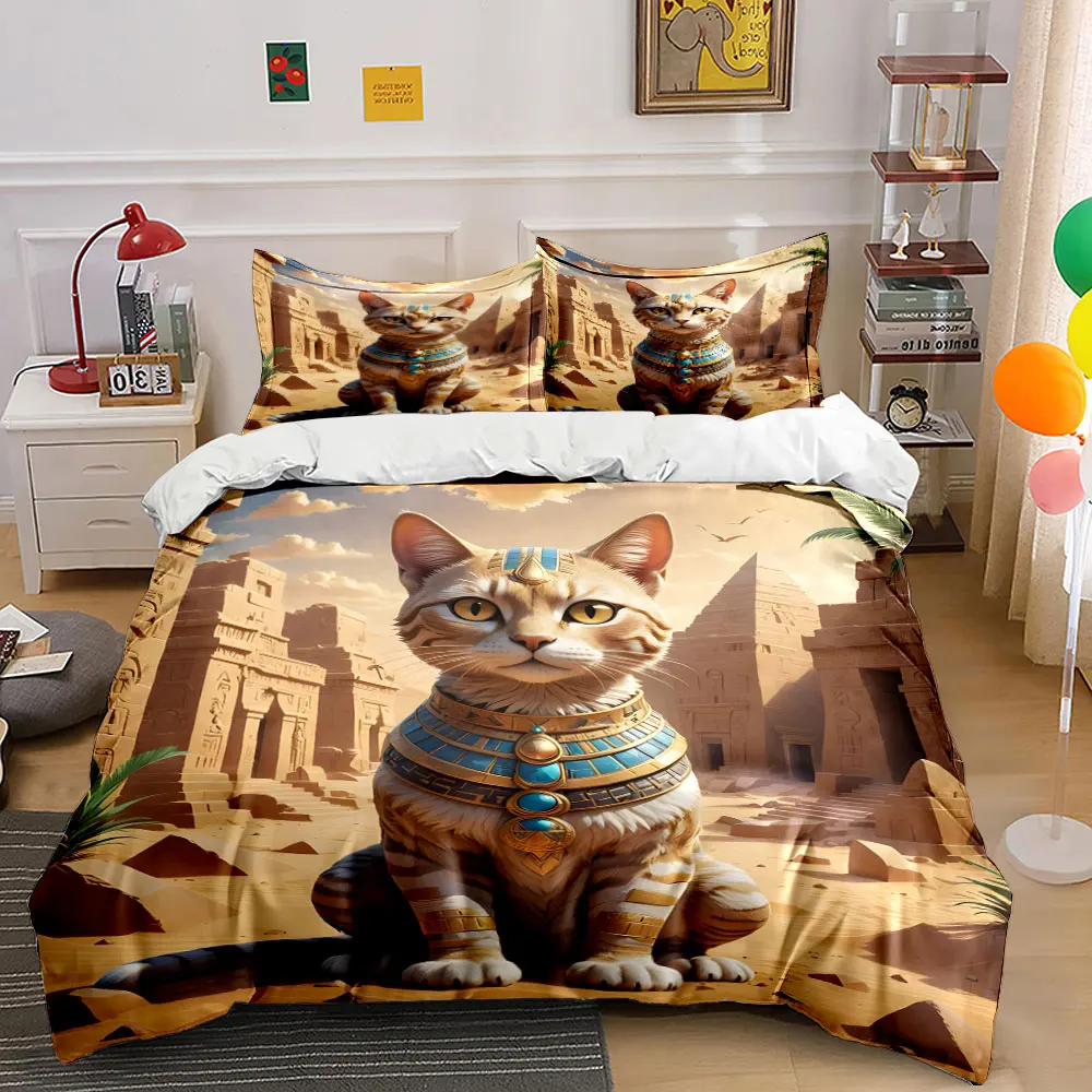 Ancient-themed cat with Egyptian backdrop Print Soft Comfortable Duvet Cover Bedding Set Included 1*Duvet Cover 2*Pillowcases