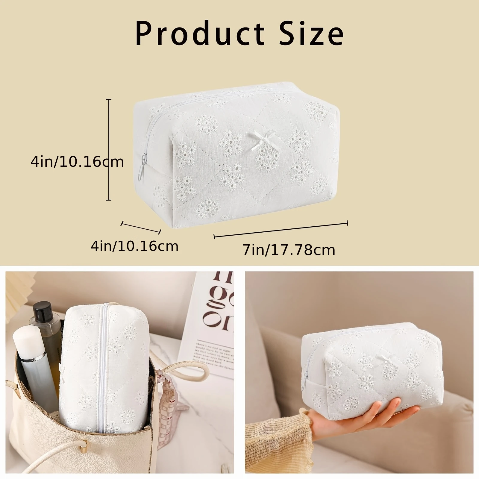 1Pc White Cotton Quilted Clutch Makeup Bag with Bow Decoration and Floral Design, Suitable for Storing Skincare Products and Makeup on the Go, Perfect for Graduation Season, Birthday Gifts, Anniversary Gifts, Mother's Day Gifts, and Can Be Used All Year Round, Suitable for Both Men and Women, a Must-Have for Those Who Love to Travel