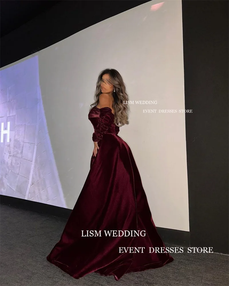 LISM Dark Burgundy Velvet Evening Dresses Saudi Arabic Strapless Mermaid Split Attachable Train Formal Prom Dress