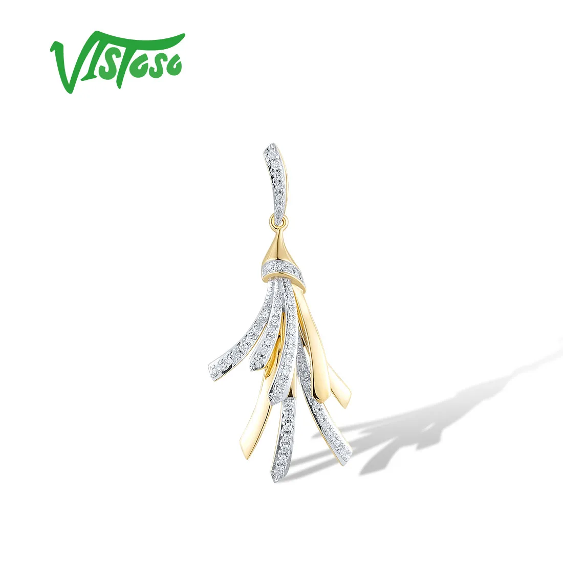 VISTOSO Real 14K 585 Yellow Gold Pendant For Women Sparkling Diamond Geometric Tassel Delicate Anniversary Gifts Fine Jewelry