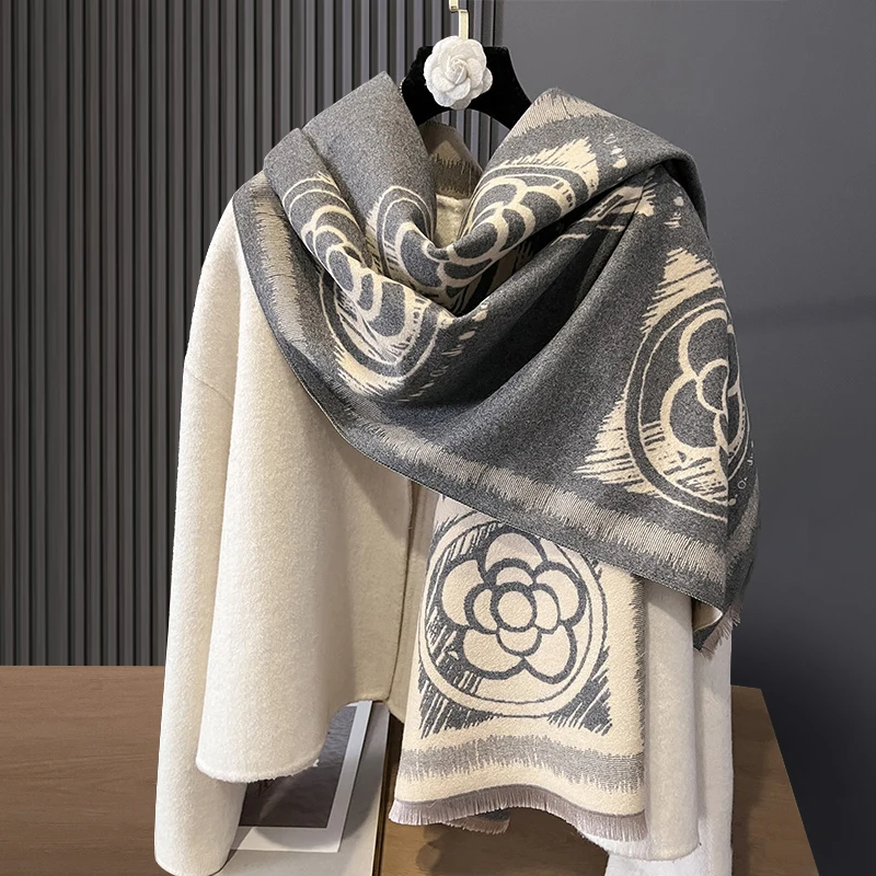 New Luxury Winter Camellia Two-Sided Cashmere Jacquard Scarves High Quality Women Thicken Wrap Shawl Ladies Wool Pashmina Scarf