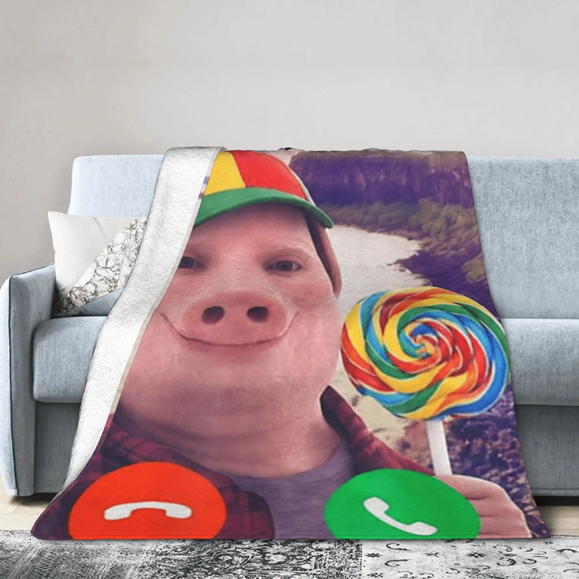 Silly John Pork is Calling Brainrot Lollipop Blankets Meme Funny Wool Novelty Warm Bedding Throw Blanket Spring Autumn Office
